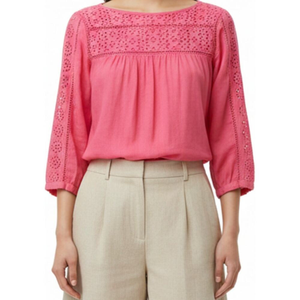 J.Crew 100% Linen Blouse Eyelet Trim Crewneck 3/4 Sleeve Buttons Coral 6